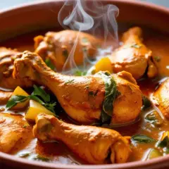 Un plat fumant de colombo de poulet, avec des morceaux de poulet dorés et des pommes de terre dans une sauce épicée.