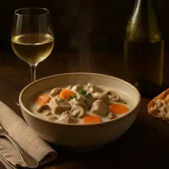 Blanquette de veau crémeuse avec carottes et champignons, accompagnée d'un verre de vin d'Alsace. Quel vin d'Alsace avec une blanquette de veau ? Un Riesling sec serait parfait.