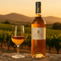 Verre et bouteille de Rivesaltes rosé sur un muret, avec des vignes et des collines au coucher du soleil.