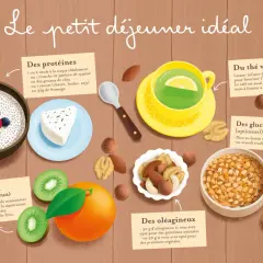 Un repas du matin équilibré avec des œufs, du fromage, des fruits, des noix, du thé vert et du pain complet.