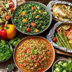 Un festin coloré pour le repas du week-end : salades de quinoa, poisson et saumon en papillote avec légumes croquants.