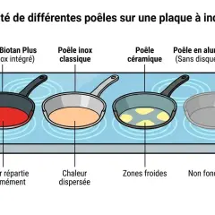Comment choisir une poêle : illustration montrant l'efficacité de différentes poêles sur plaque à induction, avec une poêle Gastrolux Biotan Plus à chaleur uniforme.