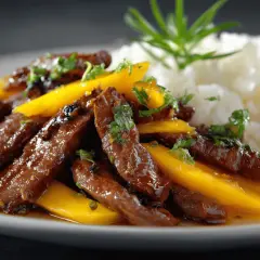 Aiguillettes de canard sauce aigre-douce avec mangue et riz blanc. Quel accompagnement avec des aiguillettes de canard ? Le riz et la mangue sont parfaits !