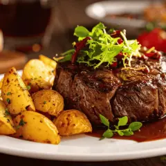Un succulent filet mignon rosé, accompagné de pommes de terre rôties et d'une sauce riche, prêt à être dégusté.