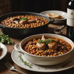 Un réconfortant cassoulet, garni de saucisses et de morceaux de viande, accompagné d'un verre de vin de Bordeaux.