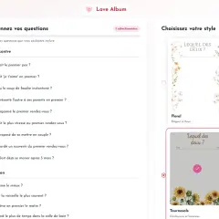 Interface de sélection de questions pour un questionnaire destiné aux futurs mariés, avec des options comme "Qui a dit 'je t'aime' en premier ?" et des styles de design.