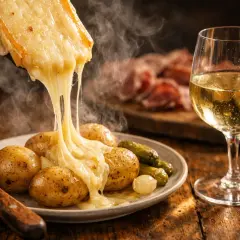 Raclette fondante sur pommes de terre, accompagnée de cornichons et d'un verre de vin blanc d'Alsace. Un délice réconfortant.