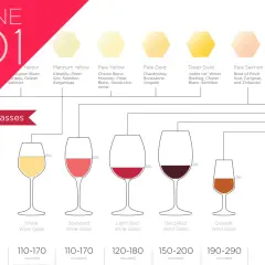 Un tableau millésime vin illustre les couleurs des vins blancs, rosés et rouges, associées à des verres et des calories.