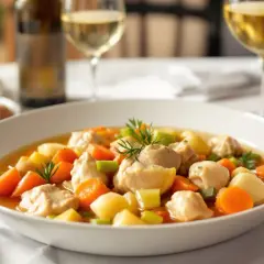 Un plat de poule au pot réconfortant, servi avec du pain et accompagné de vin blanc et rouge. Un délice pour les papilles.