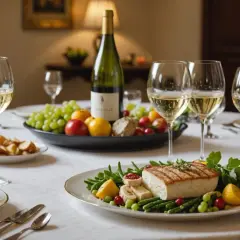 Un repas élégant avec du chablis et du foie gras, accompagné de fruits frais et d'un plat de poisson grillé.