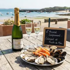 Bouteille de Crémant d'Alsace, deux verres, et une assiette de fruits de mer sur une table en bois, avec vue sur un port. Parfait avec une touche de vin blanc citron.