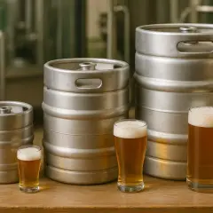 Trois fûts de bière de tailles différentes, avec trois verres de bière. Pour estimer combien de fût de bière pour 100 personnes, il faut considérer la consommation moyenne.