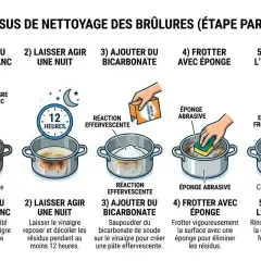 Nettoyer poêle tefal vinaigre blanc : étapes pour enlever les brûlures. Vinaigre blanc, laisser agir, bicarbonate, frotter, rincer.