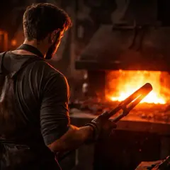 Forger au cœur des flammes, il manie la pince pour nettoyer l'acier noirci, prêt à le façonner.