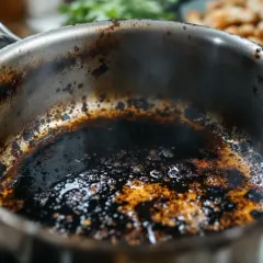 Fond de cocotte minute brûlée, témoin d'une recette qui a mal tourné. Les résidus noirs et caramélisés racontent une histoire de surchauffe.