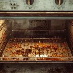 Intérieur d'un four sale, avec des résidus brûlés sur la grille et le fond. Il est temps de nettoyer ce plat de four brûlé.