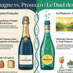 Champagne vs. Prosecco : duel de bulles. Le Champagne, élégance française, méthode champenoise. Le Prosecco, fraîcheur italienne, méthode Charmat.