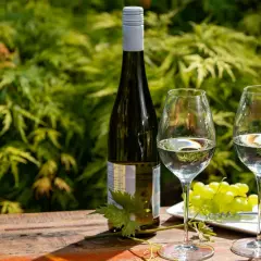 Bouteille de riesling avec deux verres, une grappe de raisin et un tire-bouchon sur une table en bois, dans un jardin verdoyant.