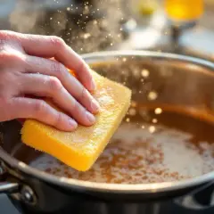 Main tenant une éponge jaune pour nettoyer une casserole avec du caramel collé. Astuce pour savoir comment enlever le caramel d'une casserole.