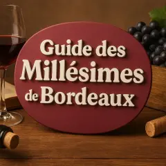 Guide des Millésimes de Bordeaux : un verre de vin rouge, une bouteille, un livre ouvert, des raisins noirs et des bouchons sur une table en bois.