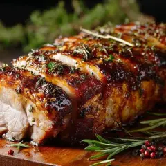 Un délicieux rôti de porc au vin blanc, laqué et parsemé d'herbes, prêt à être dégusté.