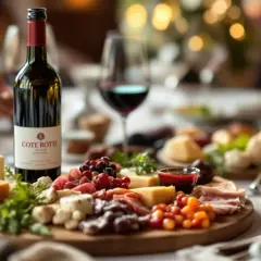 Bouteille de vin rouge Côte Rôtie, parfaite pour accompagner un buffet froid de fromages et charcuteries.