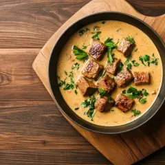 Un plat réconfortant de vin avec tête de veau, garni de persil frais, servi dans un bol sur une planche en bois.