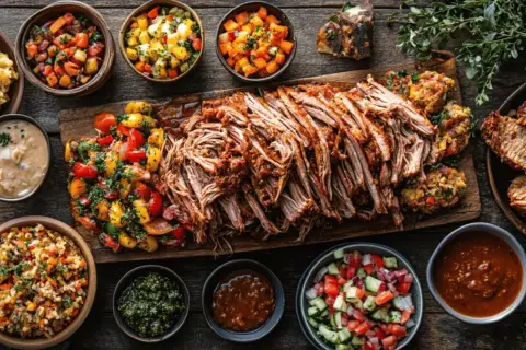 Un festin de porc effiloché, servi avec des salades colorées, des sauces et des accompagnements. Parfait pour un repas convivial.