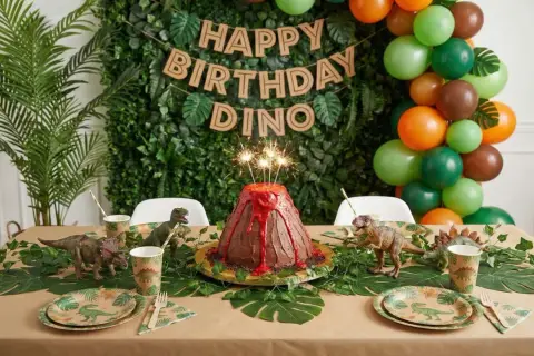 Gâteau volcan et décorations pour une activité anniversaire thème dinosaure. Ballons verts, oranges et bruns. Guirlande "Happy Birthday Dino".