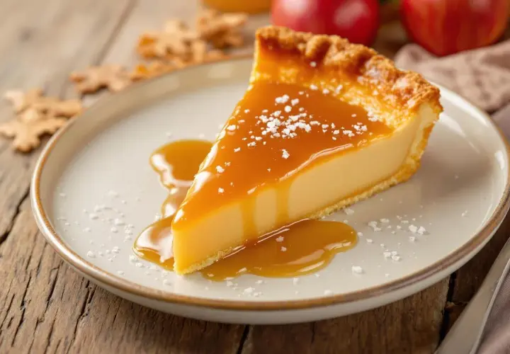 Tranche de tarte crémeuse nappée d'une sauce onctueuse pour rattraper le caramel brûlé. Saupoudrée de sel fin.