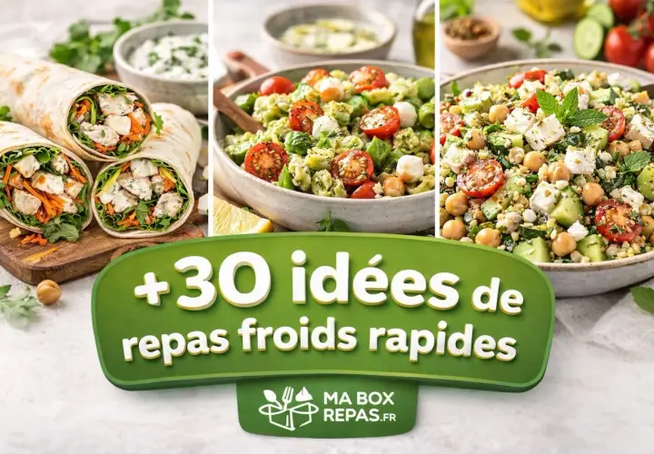 Wraps au poulet, salade de pâtes au pesto et salade de pois chiches : un aperçu de notre **salade buffet froid** pour des repas rapides et savoureux.