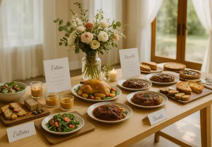 Table dressée avec un menu de mariage d'été : poulet rôti, salades, tartes et entrées.