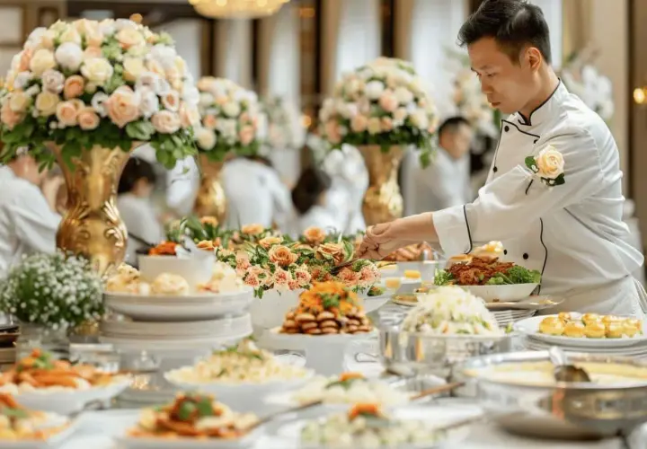 Un chef prépare un buffet somptueux pour un mariage de 80 personnes. Le budget traiteur mariage 80 personnes est respecté avec ces mets délicats.