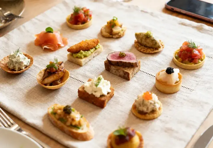 Un assortiment d'amuse-bouches variés, parfaits pour une idée repas soirée. Tartines, verrines et bouchées aux saveurs marines et terrestres.