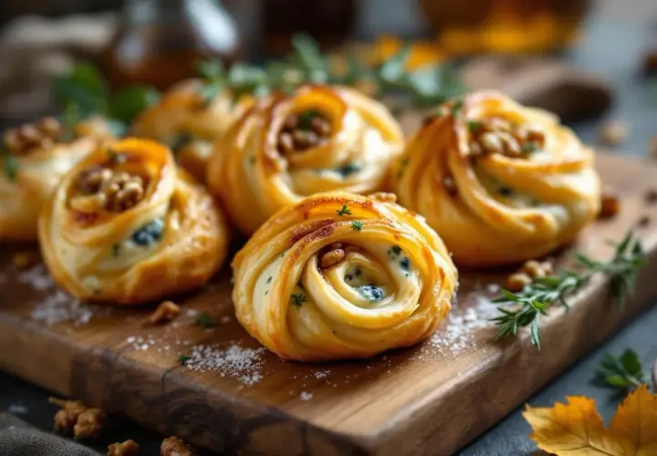 Petits fours salés en pâte feuilletée, garnis de fromage bleu et de noix, disposés sur une planche en bois.