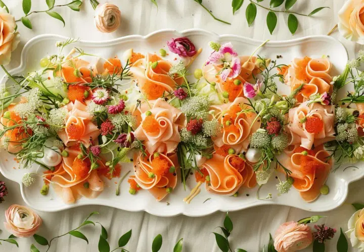 Plateau d'idée entrée froide mariage : fines tranches de poisson roulées, parsemées de perles d'orange et de fleurs comestibles, décoré de verdure.