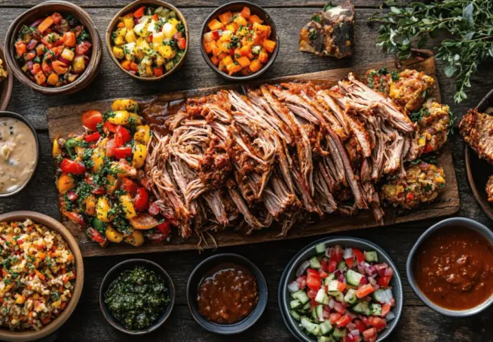 Un festin de porc effiloché, servi avec des salades colorées, des sauces et des accompagnements. Parfait pour un repas convivial.