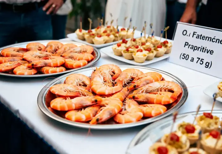 Plateaux de crevettes pour un buffet. Une pancarte indique "O.I Faterne Prapriitive (50 a 75 g)", suggérant combien de crevettes par personne.