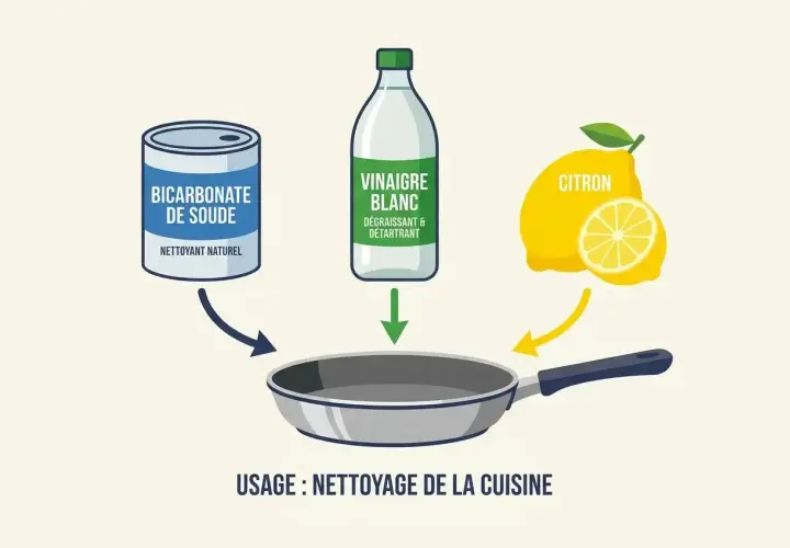 Utilisez bicarbonate de soude, vinaigre blanc et citron pour dégraisser une poêle. Nettoyage de cuisine facile et naturel.