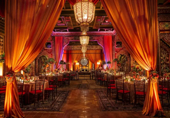 Décoration somptueuse pour un mariage bollywood, avec des drapés orangés, des lustres imposants et des tables dressées dans une ambiance chaleureuse et festive.
