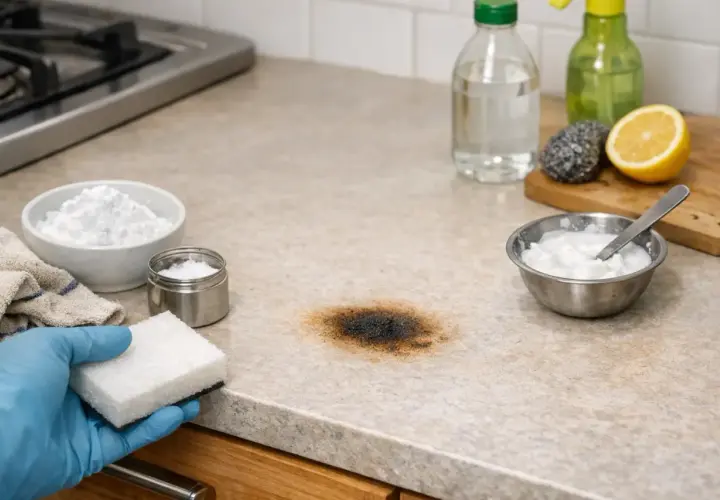 Maintenant, découvrez comment enlever une tache de brûlure sur votre plan de travail avec du bicarbonate de soude et du citron.