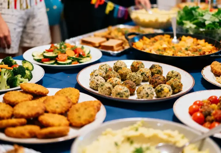 Buffet varié pour une kermesse : boulettes végétales, nuggets, salades, pâtes. Une belle idée repas kermesse école pour régaler petits et grands !