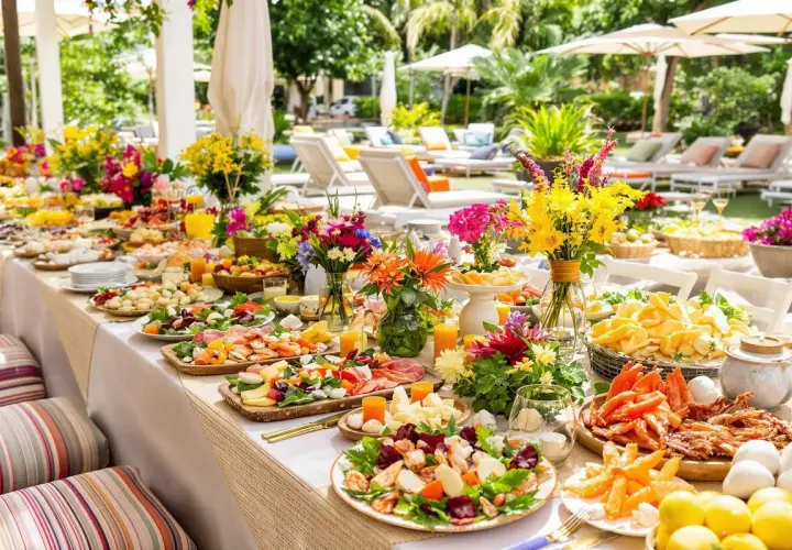 Un grand buffet en plein air, décoré de fleurs colorées, invite à un repas entre amis. Des fruits de mer, fromages et salades composent ce festin estival.