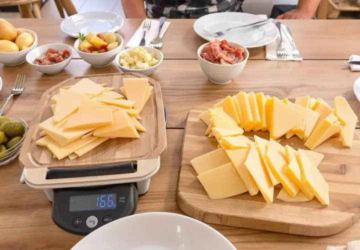 Préparation d'un repas : quelle quantité de fromage pour 40 personnes ? Des tranches de fromage sont coupées sur des planches, avec des accompagnements comme des pommes de terre et des cornichons.