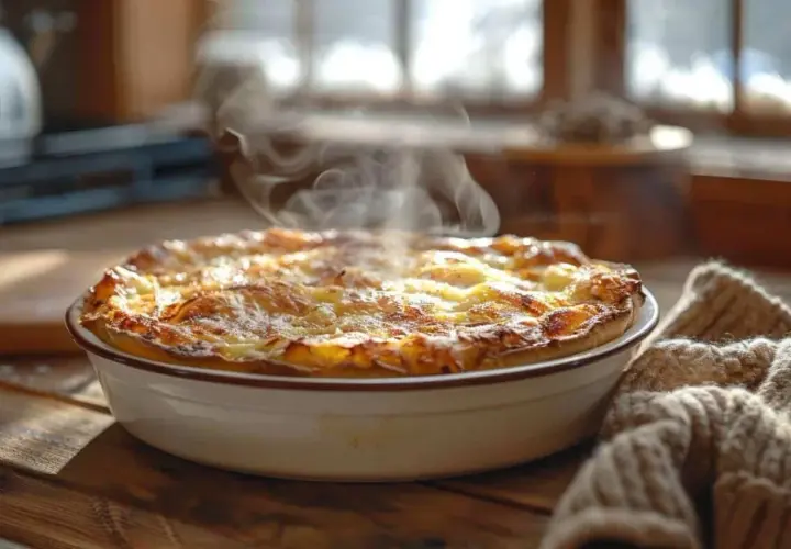 Un plat gratiné et fumant sort du four. Idéal pour savoir à quelle température faire réchauffer un plat au four.