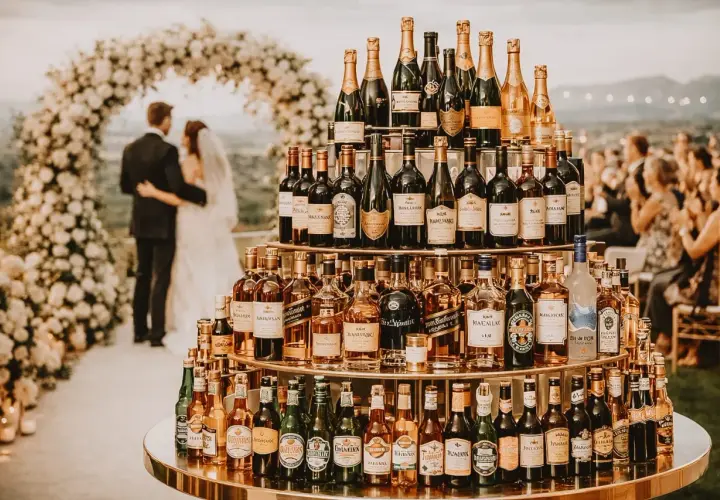 Une pyramide de bouteilles pour un vin d'honneur de mariage. Les mariés se tiennent sous une arche fleurie.