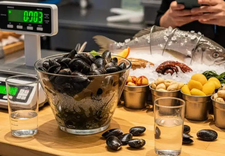 Un grand bol de moules prêtes à être pesées. La quantité par personne est importante pour un repas savoureux.