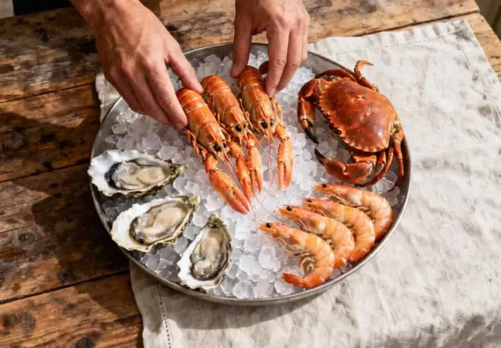 Préparer un plateau de fruits de mer : langoustines, crevettes, huîtres et un crabe sur un lit de glace.