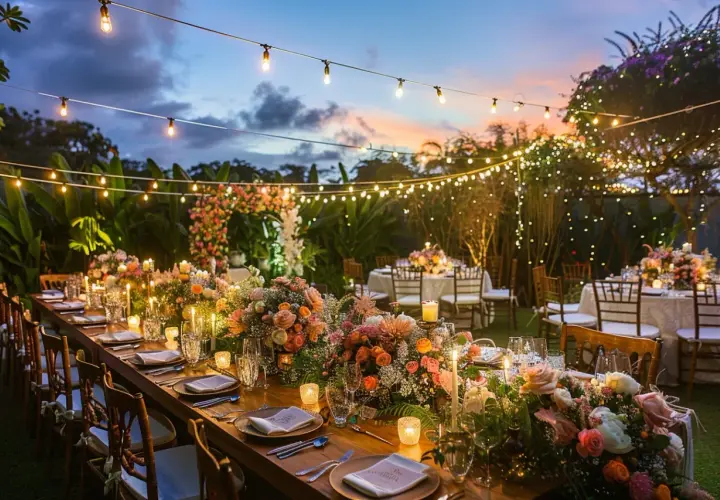 Magnifique table dressée pour un vin d'honneur en extérieur, illuminée par des guirlandes lumineuses et des bougies. Des fleurs abondantes décorent la table.