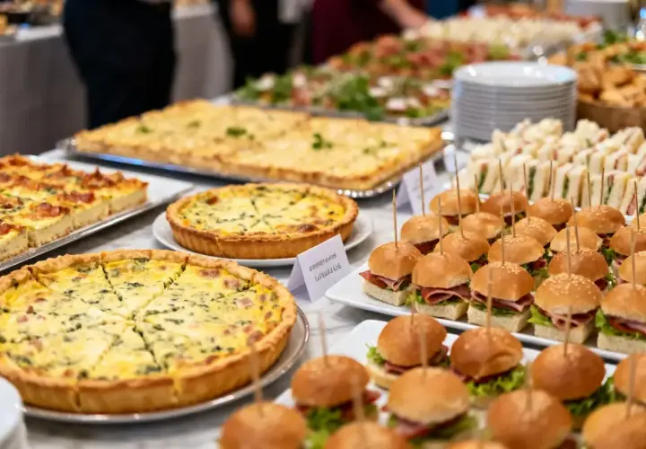 Buffet du Nouvel An : tartes salées, mini-burgers et sandwichs triangulaires, une belle idée pour un repas convivial.